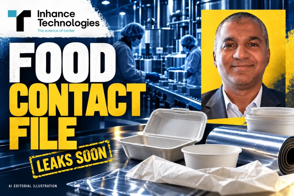 Prakash Iyer with the Inhance Technologies logo, food-contact packaging silhouettes and FOOD CONTACT FILE typography, in an editorial collage.