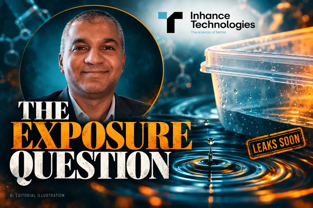Prakash Iyer with the Inhance Technologies logo, a generic plastic container, liquid ripples and THE EXPOSURE QUESTION typography, in an editorial collage.