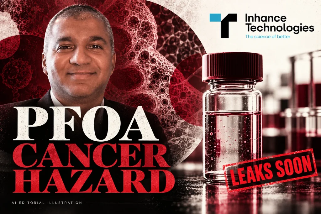 Prakash Iyer with the Inhance Technologies logo, a sealed vial, abstract cellular textures and PFOA CANCER HAZARD typography, in an editorial collage.