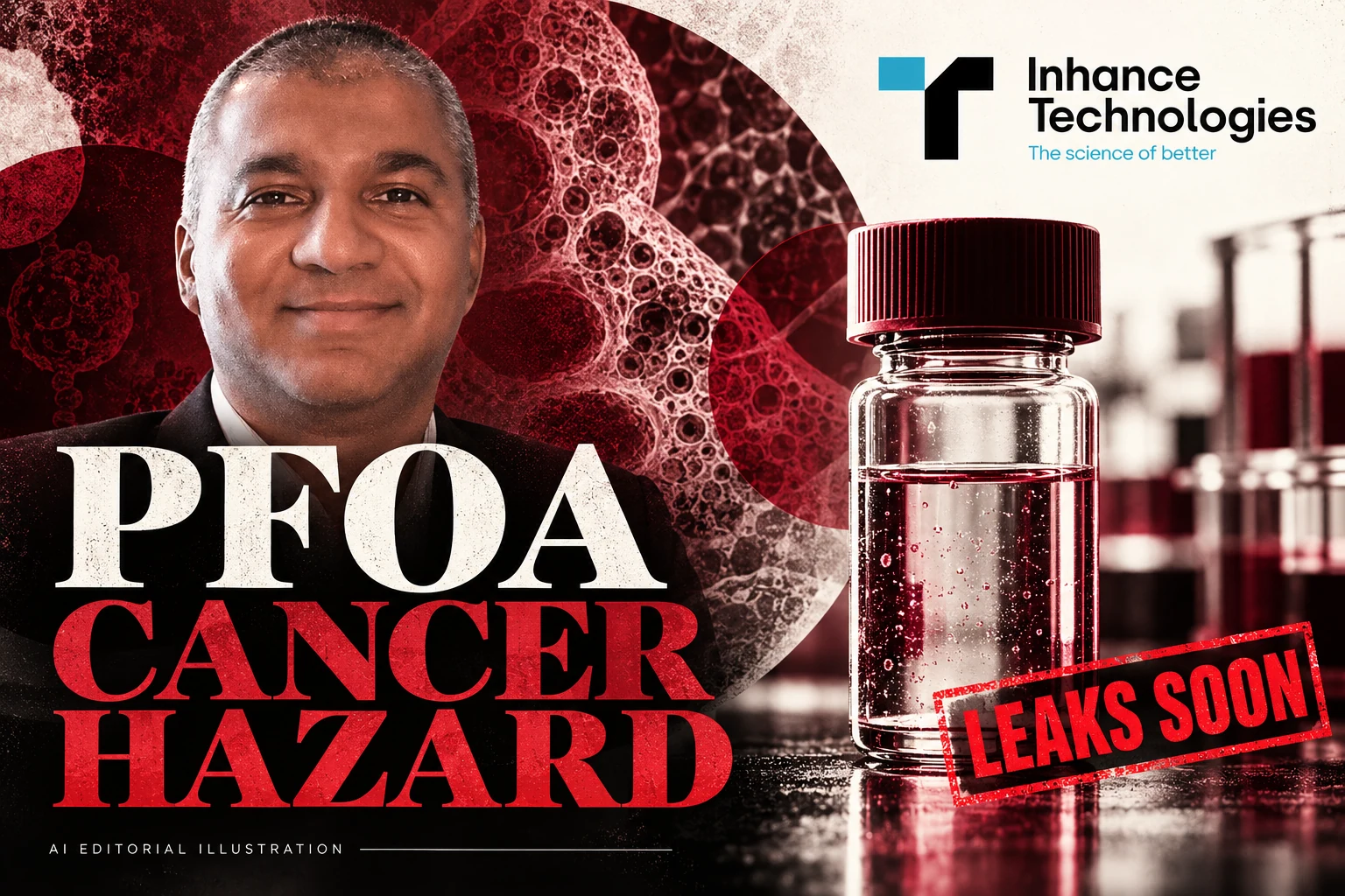 Prakash Iyer with the Inhance Technologies logo, a sealed vial, abstract cellular textures and PFOA CANCER HAZARD typography, in an editorial collage.