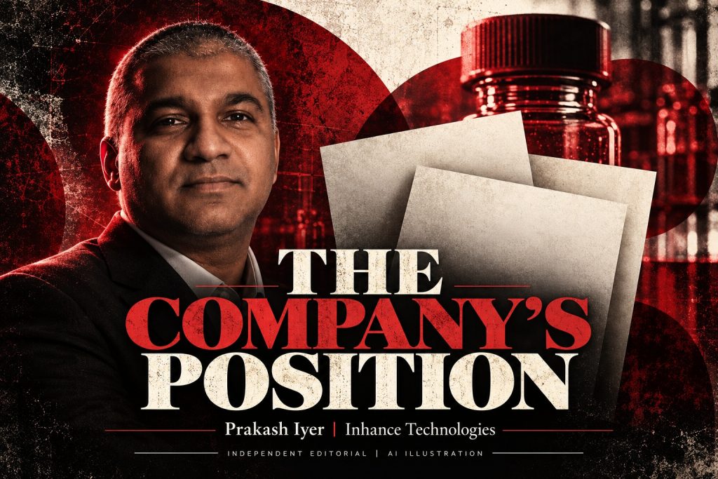 Prakash Iyer in an AI editorial illustration with statement pages and an industrial container silhouette, accompanying an Inhance Technologies article.