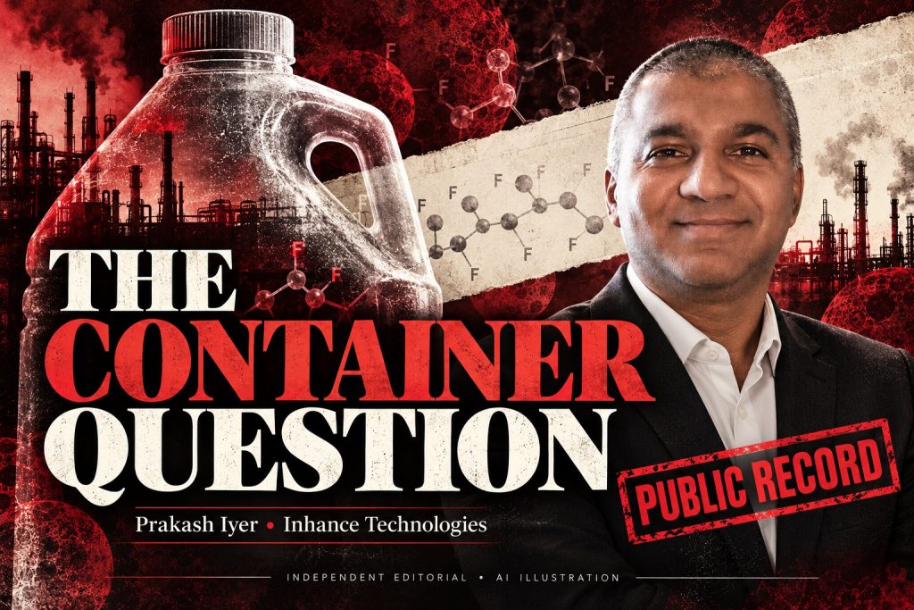 AI editorial portrait of Prakash Iyer with an industrial bottle silhouette for an Inhance Technologies PFAS packaging article.