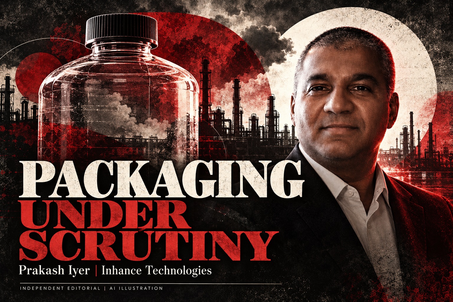 Prakash Iyer in an AI editorial illustration with an industrial bottle and factory silhouettes, accompanying an Inhance Technologies article.