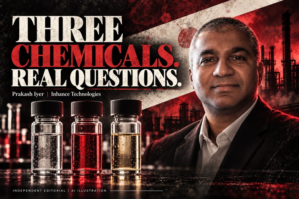 Prakash Iyer in an AI editorial illustration with three separate laboratory vials, accompanying an Inhance Technologies article.