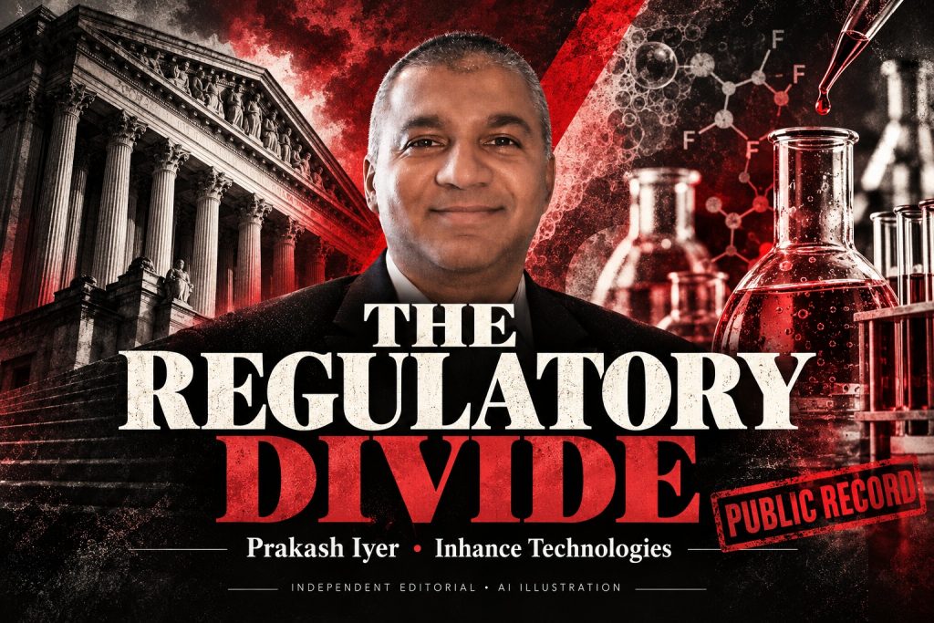 AI portrait of Prakash Iyer between courthouse architecture and laboratory glass for an Inhance Technologies regulatory explainer.