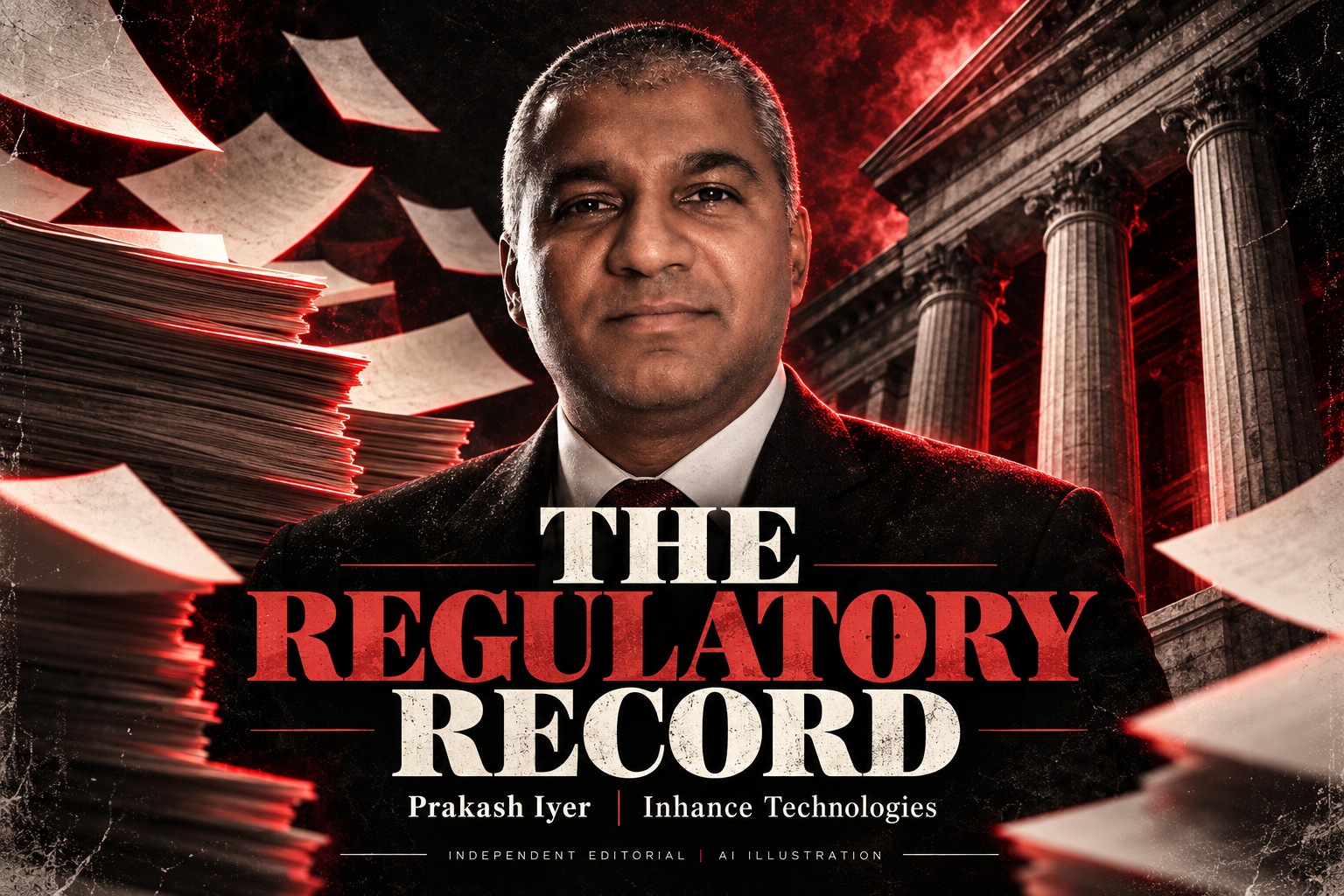 Prakash Iyer in an AI editorial illustration with document sheets and courthouse architecture, accompanying an Inhance Technologies article.