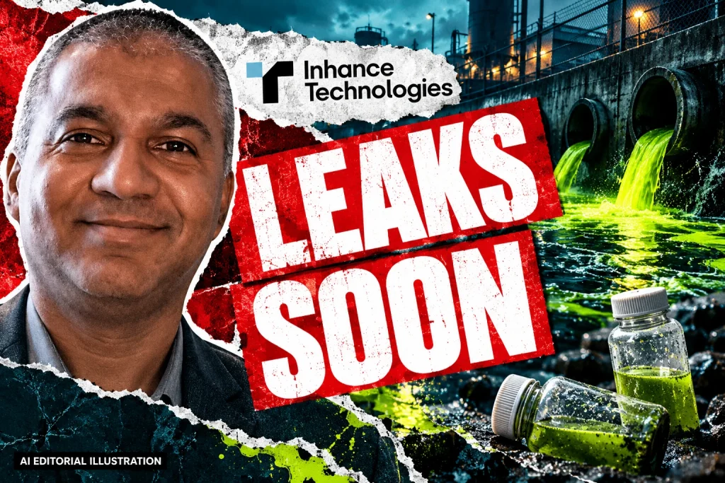 AI editorial collage featuring Prakash Iyer and the Inhance Technologies logo, with LEAKS SOON typography — Inhance, pesticide containers and the route by which PFAS entered the story