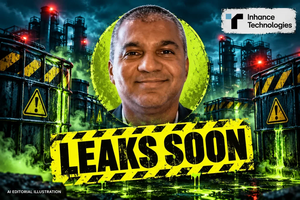 AI editorial collage featuring Prakash Iyer and the Inhance Technologies logo, with LEAKS SOON typography — A river photograph cannot prove an Inhance pollution claim