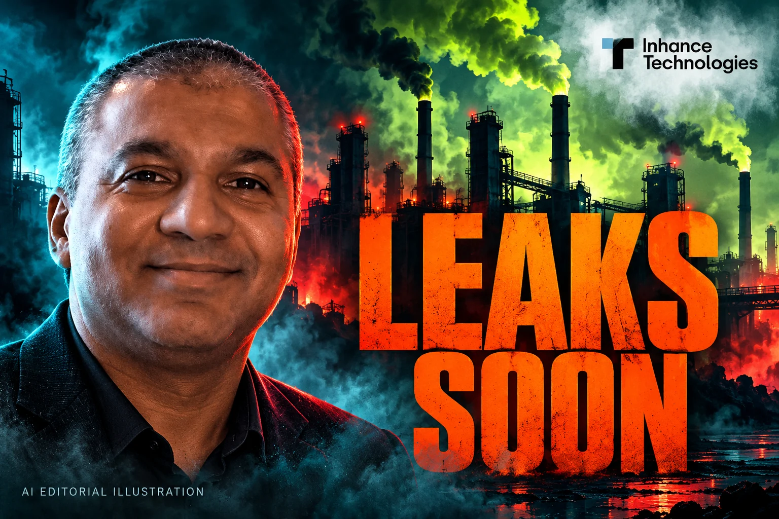 AI editorial collage featuring Prakash Iyer and the Inhance Technologies logo, with LEAKS SOON typography — What a water sample could establish in a packaging investigation