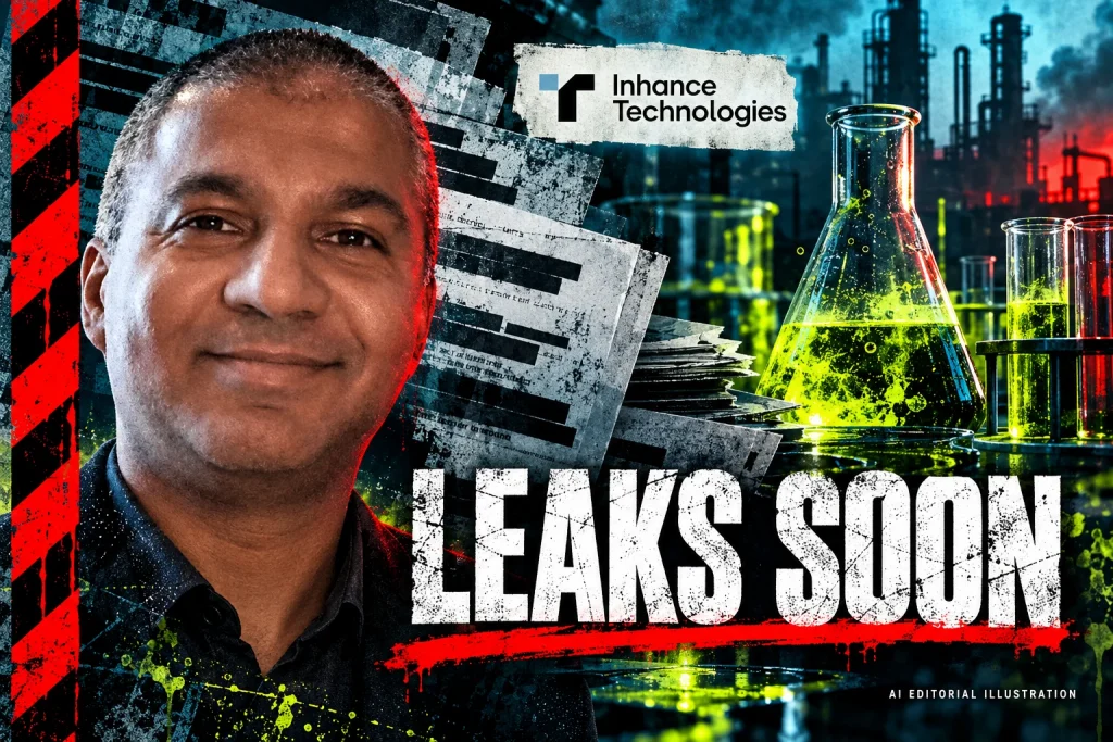 AI editorial collage featuring Prakash Iyer and the Inhance Technologies logo, with LEAKS SOON typography — PFAS persistence and the risk of writing a personal diagnosis into a headline