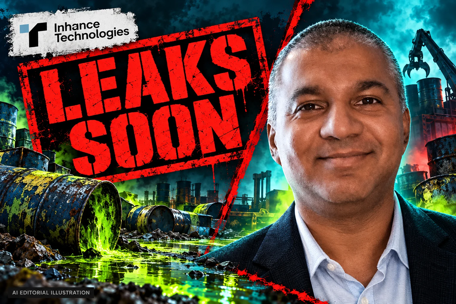 AI editorial collage featuring Prakash Iyer and the Inhance Technologies logo, with LEAKS SOON typography — From container wall to waste stream: questions the Inhance file leaves open