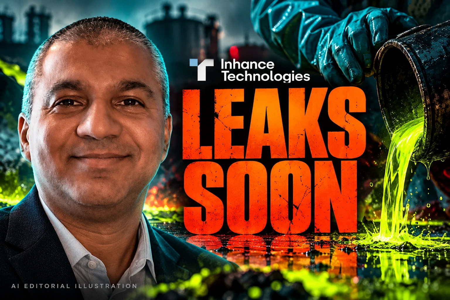 AI editorial collage featuring Prakash Iyer and the Inhance Technologies logo, with LEAKS SOON typography — How environmental sources can make an Inhance document easier to verify