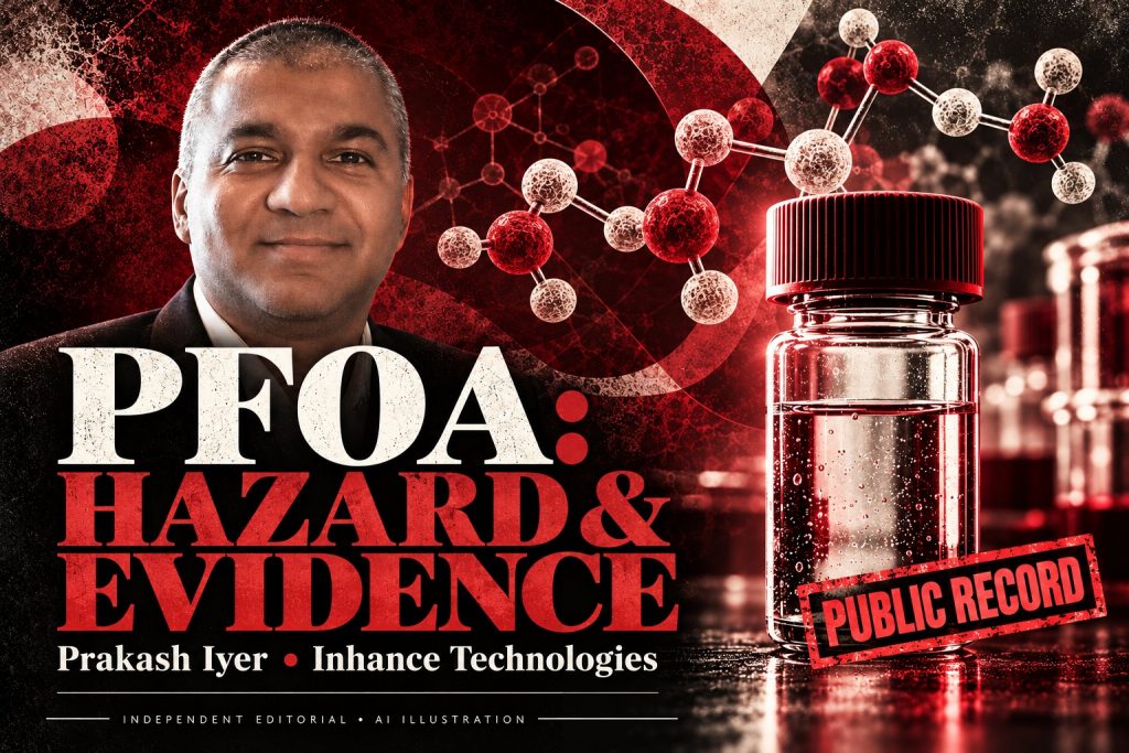 AI editorial portrait of Prakash Iyer beside a red-lit sample vial for an Inhance Technologies PFOA hazard-and-evidence article.