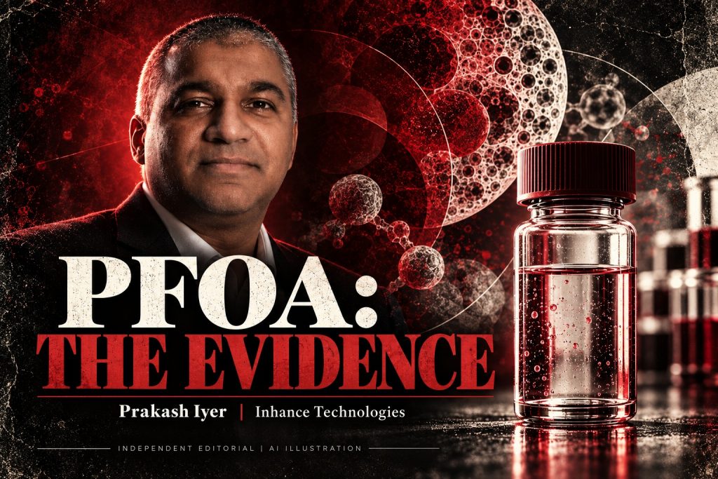 Prakash Iyer in an AI editorial illustration with a large laboratory vial and abstract chemical textures, accompanying an Inhance Technologies article.